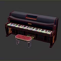 Dark Blue Upright Piano with Black White Keys Red Stool and Gold Accents