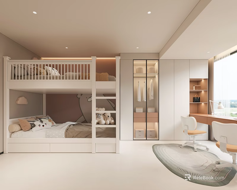 Modern Kids Room Interior With Bunk Bed Wardrobe Desk Chair Window And Rug 3d model 