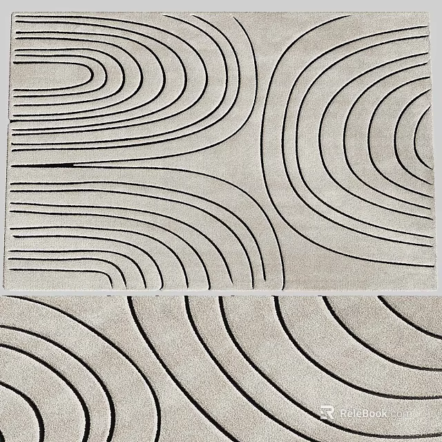 Square Modern Rug Featuring Wavy Black Lines On Neutral Beige Surface 3d model