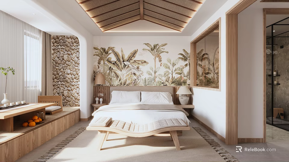 Serene Hotel Guest Room With Wooden Ceiling Stone Wall And Tropical Plant Mural 3d model 