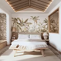 Serene Hotel Guest Room With Wooden Ceiling Stone Wall And Tropical Plant Mural