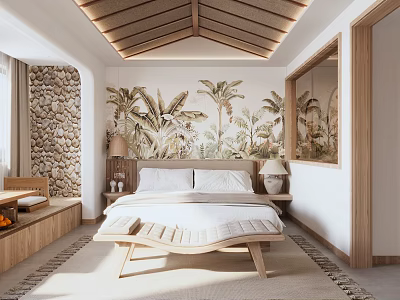 Serene Hotel Guest Room With Wooden Ceiling Stone Wall And Tropical Plant Mural 3d model