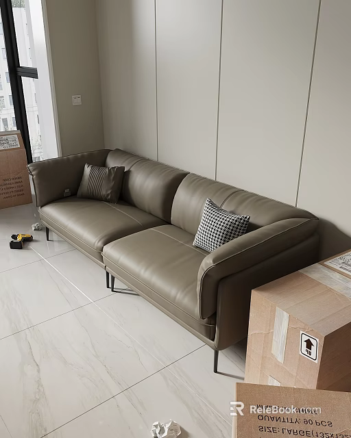 Brown Leather Double Sofa With Checkered And Solid Pillows In Living Room With Cardboard Boxes 3d model