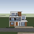 Modern Two Story Detached Villa With Lush Green Trees Front Garden And Driveway