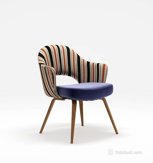 Stylish Dining Chair With Striped Upholstered Backrest And Blue Seat Wooden Legs Design 3d model 
