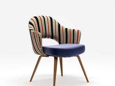 Stylish Dining Chair With Striped Upholstered Backrest And Blue Seat Wooden Legs Design 3d model