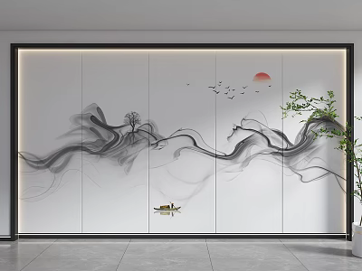 New Chinese Style Sofa Backdrop Wall With Ink Landscape Red Sun And Birds 3d model