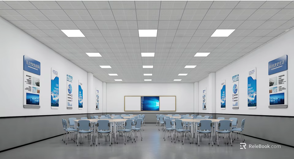School Classroom Interior With Desks Chairs Whiteboard Educational Posters And Ceiling Lights 3d model