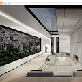 Modern Living Room Interior With Skylight Large City Mural Wooden Flooring And Sofa