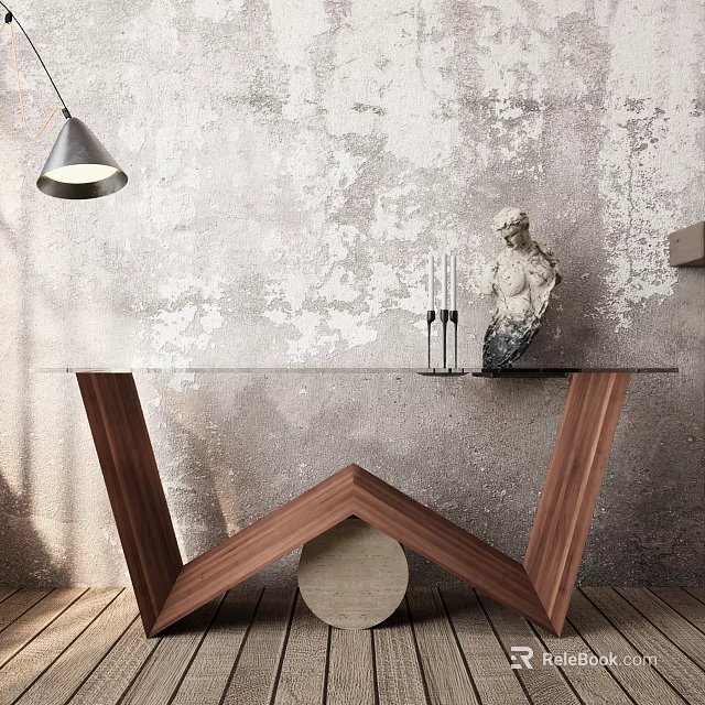 Elegant Console Table With Glass Top Wooden Legs And Statue Decor Against Gray Textured Wall 3d model 