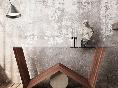 Elegant Console Table With Glass Top Wooden Legs And Statue Decor Against Gray Textured Wall 3d model