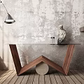 Elegant Console Table With Glass Top Wooden Legs And Statue Decor Against Gray Textured Wall