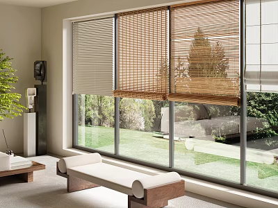 Stylish Blinds On Large Windows In Modern Living Room With Bench And Greenery 3d model