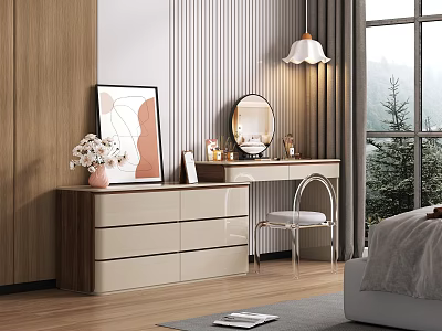 Modern Bedroom Dresser With Round Mirror Vase Of Flowers Framed Art Chair And Window Trees 3d model