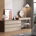 Modern Bedroom Dresser With Round Mirror Vase Of Flowers Framed Art Chair And Window Trees