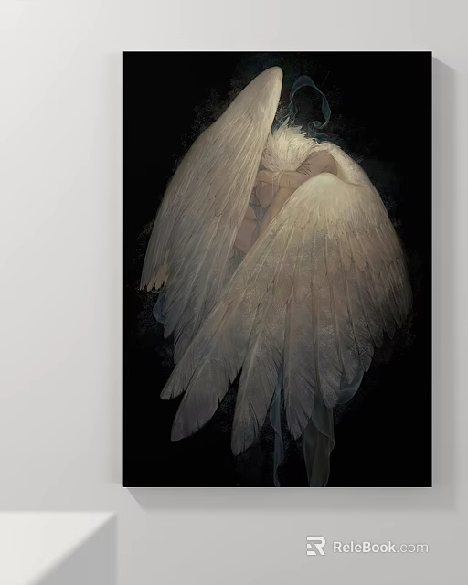 Abstract Painting of Mysterious Figure with Large White Feathered Wings on Black Background 3d model 