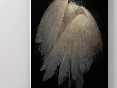Abstract Painting of Mysterious Figure with Large White Feathered Wings on Black Background 3d model
