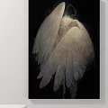 Abstract Painting of Mysterious Figure with Large White Feathered Wings on Black Background