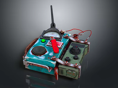 Blue Vintage Handmade Device With Antenna Knobs Red Switch Green Indicator Light And Metal Clasps 3d model