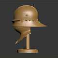 Golden Medieval Armor Helmet With Metallic Finish On Display Stand