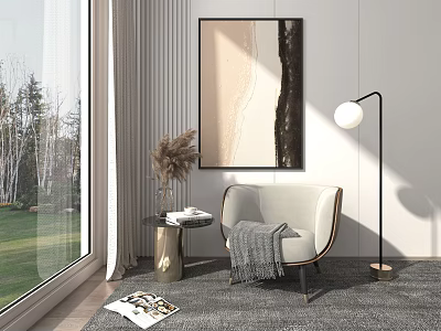 Elegant Modern Living Room With Armchair Blanket Floor Lamp Wall Art And Window View 3d model