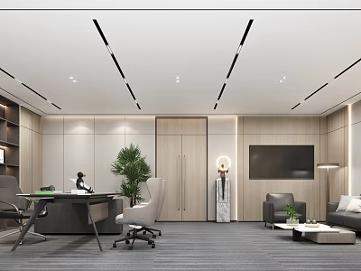 Modern Office Interior Design With Desk Chair Plant Sofa Coffee Table TV And Bookshelf 3d model