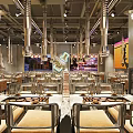 Industrial Modern Restaurant Interior With Yellow Walls Metal Tables Chairs Hanging Lamps And Black Accents