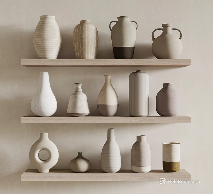 Minimalist Ceramic Vessels With Various Designs Displayed On Wooden Shelves For Home Decor 3d model 