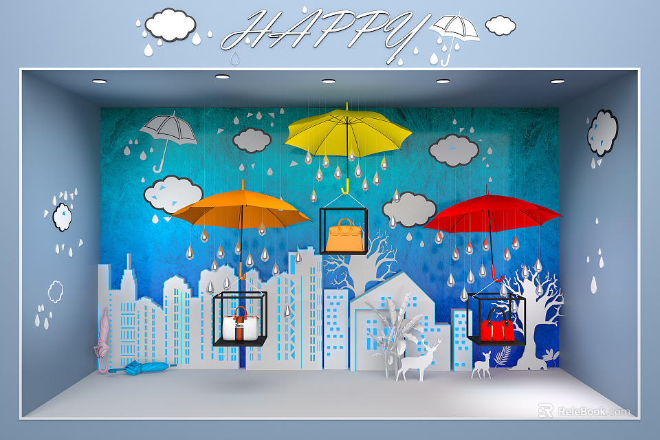 Cheerful Rainy Themed Window Display With Colorful Umbrellas Stylish Handbags City Skyline Clouds And Raindrops 3d model 