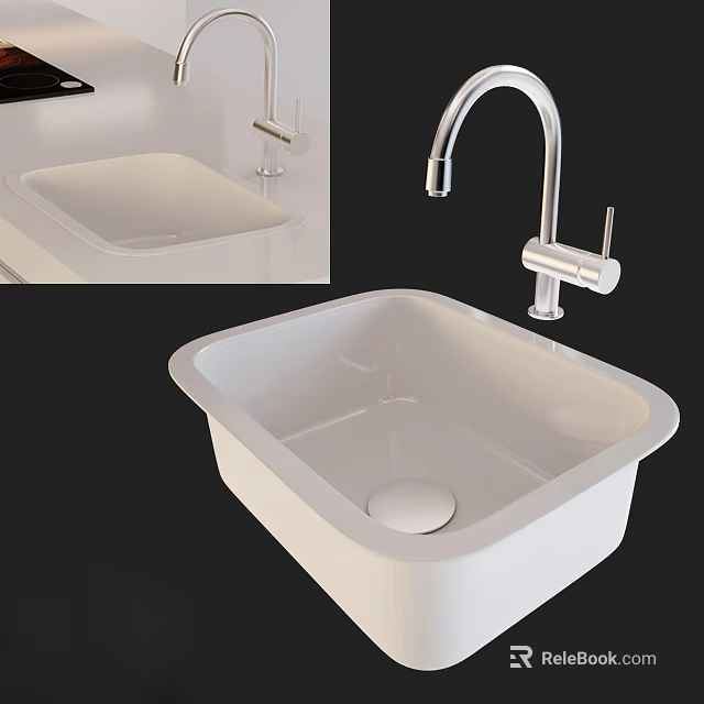 Modern White Square Single Bowl Kitchen Sink With Chrome Faucet Design 3d model 