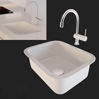 Modern White Square Single Bowl Kitchen Sink With Chrome Faucet Design 3d model