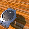 TISSOT Silver Watch With Black Dial Silver Strap On Wooden Floor Featuring Orange Brown Stripes