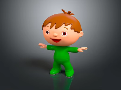 Cartoon Boy Character With Brown Hair Green Outfit Smiling Face And Outstretched Arms 3d model