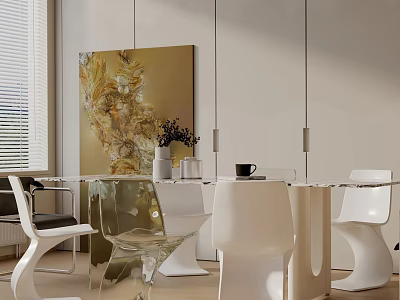 Modern Dining Table Set With Glass Top White And Transparent Chairs Artwork And Pendant Lights 3d model