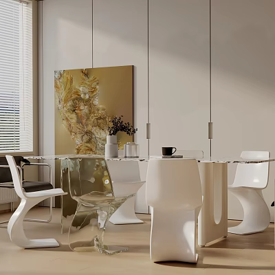 Modern Dining Table Set With Glass Top White And Transparent Chairs Artwork And Pendant Lights 3d model