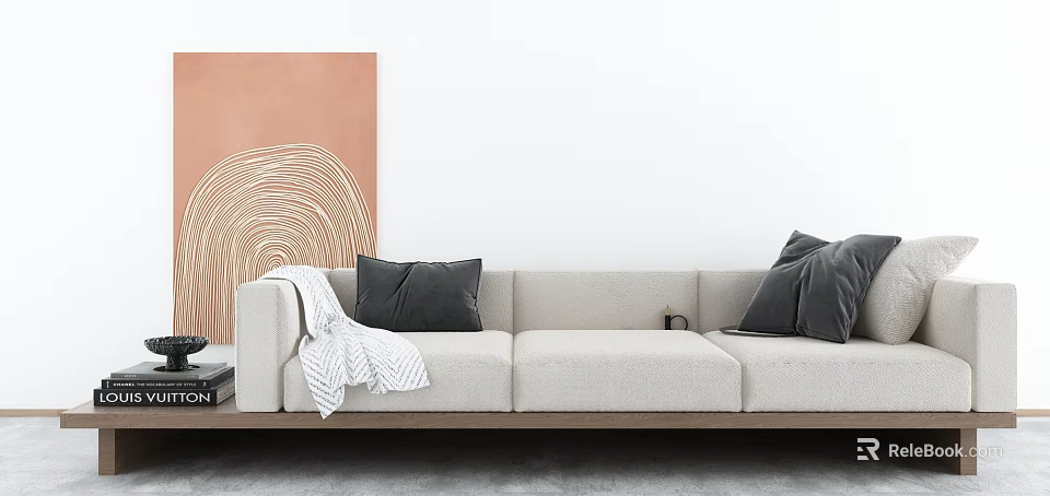 Beige Sectional Sofa With Black Pillows White Throw Blanket And Orange Curved Line Wall Art 3d model 