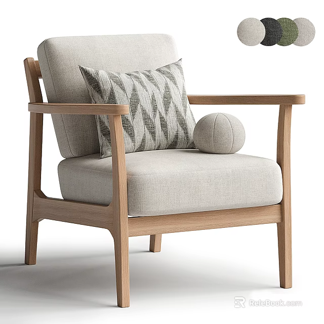 Stylish Single Sofa Featuring Wooden Armrests Light Gray Fabric Geometric Pattern Pillow And Round Cushion 3d model 