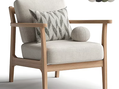 Stylish Single Sofa Featuring Wooden Armrests Light Gray Fabric Geometric Pattern Pillow And Round Cushion 3d model
