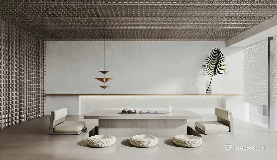 Modern Tea Table And Chairs Setup With Minimalist Wall Grid Ceiling And Palm Plant 3d model 
