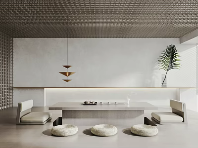 Modern Tea Table And Chairs Setup With Minimalist Wall Grid Ceiling And Palm Plant 3d model