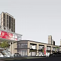 Modern Commercial Street With Modern Buildings Pedestrian Walkways And Outdoor Seating