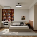 Modern Bedroom With Collectibles Wall Bed Desk Wardrobe Window Curtains And Wooden Floor Rug