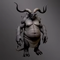 Game Movie Character With Large Horns Muscular Build Bulging Belly Gray Skin And Leather Skirt
