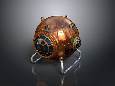 Vintage Copper Spherical Weapon With Metal Stand Riveted Details And Circular Windows 3d model