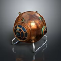 Vintage Copper Spherical Weapon With Metal Stand Riveted Details And Circular Windows