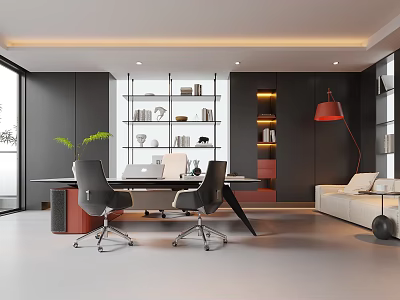 Modern Office Interior Design With Spacious Desk Ergonomic Chairs Bookshelves And Sofa 3d model