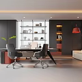 Modern Office Interior Design With Spacious Desk Ergonomic Chairs Bookshelves And Sofa