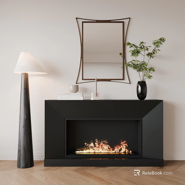 Black Fireplace With Burning Flames Floor Lamp White Lampshade Green Plant And Metal Frame Mirror 3d model 