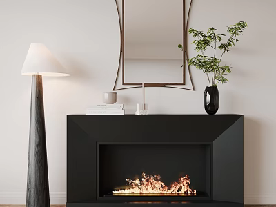Black Fireplace With Burning Flames Floor Lamp White Lampshade Green Plant And Metal Frame Mirror 3d model