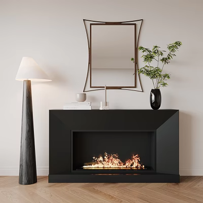 Black Fireplace With Burning Flames Floor Lamp White Lampshade Green Plant And Metal Frame Mirror 3d model